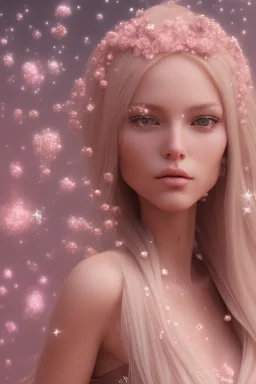 voile d'étoile dans le ciel, femme cosmique, belle, fine, jolie bouche douce subtile, long cheveux blond etoilés, great flower fleurs pink and white, etoile filante, cristaux, vray, cgi, reflets de lumen