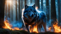 A royal flaming wolf emerging from a magical big forest, blue flames, front facing, portrait, closeup, dark, bokeh, dawn, god rays, highly detailed, highres, Cinematic, Cinemascope, astonishing, epic, gorgeous, ral-fluff
