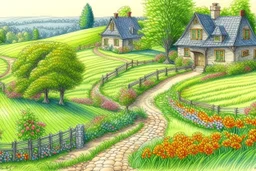 colored pencil sketch of a winding path to a country home --ar 4:3 --s 150