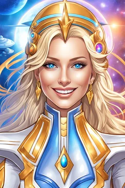 cosmic woman smile, admiral from the future, one fine whole face, crystalline skin, expressive blue eyes,rainbow, smiling lips, very nice smile, costume pleiadian, Beautiful tall woman pleiadian Galactic commander, ship, perfect datailed golden galactic suit, high rank, long blond hair, hand whit five perfect detailed finger, amazing big blue eyes, smilling mouth, high drfinition lips, cosmic happiness, bright colors, blue, pink, gold, jewels, realist, high commander