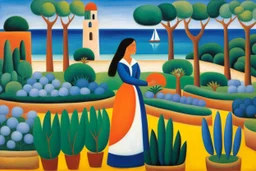 a woman in a garden by the sea by artist "Tarsila do Amaral"