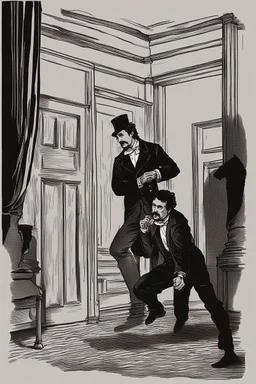 Craft an image of John Wilkes Booth slipping into the theater's backstage, navigating through the shadows toward the presidential box. Emphasize the secrecy and tension as Booth prepares to carry out his fateful act