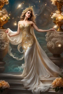 Photography realistic Beautiful Angel wearing a magical gown of swirly flowing marble water gold filigree curlicues, flowering flowers, bloom, sparkle, ornamental gilt, diamonds, rubies, emeralds, sapphires, beautiful, delicate, intricate, elegant, graceful, shiny, Hyperrealism, Rococo, expressive, spherical, zoom out, volumetric lighting