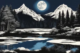 black, blue and white colors, fullmoon, pond, mountain, forest