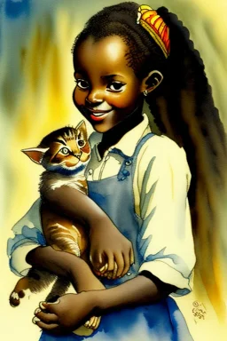 A cute smiling light brown skin african girl is holding a kitten. Watercolour