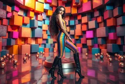 beautiful full body with long boots lady in surreal stage made of fractal random size spheres with helical strip colors in clothing similar to environment full body posing to camera,animating background metallic random color cubes