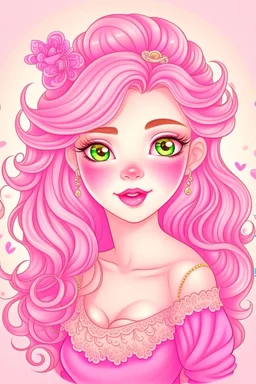 A very beautiful princess with an attractive face, she puts on a nice blush, with light pink wavy hair, and she puts a cute hair tie and puts on beautiful accessories