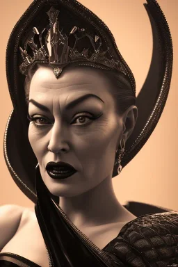 Joan Crawford as evil queen in black leather, busty, cleavage, dominatrix, curvy, angry, stern look. unreal 5, octane render, cinema4d, dynamic lighting, dramatic lighting, 4k, redshift render, highly detailed, hyper realistic,anthropomorphic black wolf long