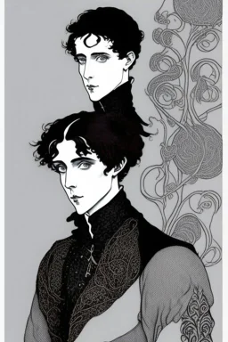 Black haired blue eyed freckled young male warlock in the style of aubrey beardsley