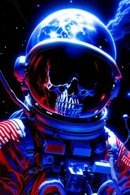 A close up of a skeleton face looking shocked, in an astronaut helmet and suit floating in space. inside the hollow eyes are red shining lights, scary. On his suit is an American flag and in his one hand is a small wavering American flag, on it is written "boned in the USA". From the back of his suit is blowing out blue, white and red smoke. Realistic, 8k, highly detailed, funny