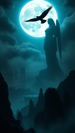 A giant statue of Atlantis , a city with big buildings . A mystical scene with ethereal light illuminating a dark landscape filled with shadows and whispers.a big full moon. Black bird flying in a circles