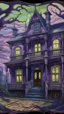 A light purple haunted mansion filled with ghosts painted by Vincent van Gogh