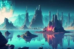 distant cyberpunk city, rocks in the lake, galaxy, epic