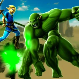 link in zelda fighting the hulk, realistic photo