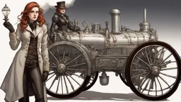 full-length portrait of a pale-faced steampunk woman with auburn wavy shoulder-length hair, with detailed metal arms and legs, dressed in leather trousers, and a jacket, standing beside a steam carriage