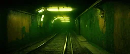 Inside the old subway tracks, . Low light and closed green moss walls. Like the original design of the game space ,digital art.landscape,far camera old painting,2 Chen and George Hopper, Rembrandt lighting, a dark green and yellow color scheme, ethereal light. --ar 13:16 --v 6. 0