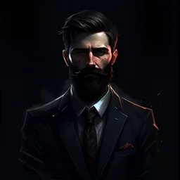 Dark haired bearded man in suit, dark atmosphere digital art