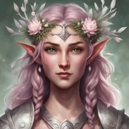 Generate a dungeons and dragons character portrait of the face of a female spring Eladrin. She is a circle of the Shepard Druid who's is dedicated to protecting magical creatures. She looks sweet and approachable. She wears a dainty circlet made of silver coated branches. Her hair is pink and voluminous, her skin sun-kissed. Her eyes are hazel.