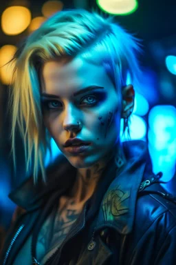 hyper real water color of blonde pierced cyberpunk Malkavian vampire portrait with clear blue-green eyes in moon light feeling in control in goth ruins patterned background, zeiss prime lens, bokeh like f/0.8, tilt-shift lens 8k, high detail, smooth render, down-light, unreal engine, prize winning