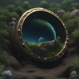 a shimmering ring with a tiny, lush world nestled within its center, full wide view, highly detailed, 8k