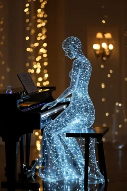 The whole body of Maniquí de glassy filled with tiny sparkling lights Artist mader playing the piano