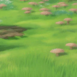 A grass type Pokemon walking through a field of tall and small mushrooms, tiny, made of plants, 4 legged pokemon