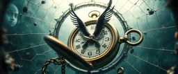 close up of cuckoo abraxas in the fish eye web, interdimensional portal, with a pocket watch with a chain in its claw