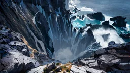 This mesmerizing ocean cliff scene captures the dramatic power and beauty of nature. Towering rugged cliffs stand majestically against the vast expanse of the ocean, where the water pours into a singular bottomless pit. The cliffs, with their sharp and jagged edges, create a stark contrast to the rough, flowing water, making the scene even more captivating. Sunlight pierces through the mist rising from the waterfalls, creating a magical, ethereal atmosphere