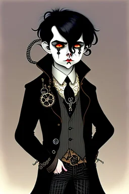 black haired black eyed young man necromancer steampunk goth hobbit with gothic jewelry and pet black rat in the style of Charles Addams