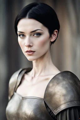 Scandinavian medieval woman with black short hair, pale skin, pretty lips, athletically built