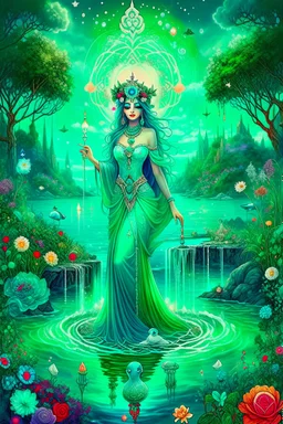 The beautiful goddess of healing and well-being stands on a land of pure water embellished with emeralds. And glass rose trees. And a name. Colored with stars and planets