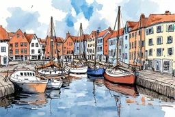Small English fishing port in the style of a loose urban sketch