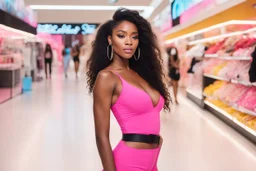 mall shopping in Victoria's Secrets, two young thug women see on tiktok a challenge where you stick your arm out, and walk and they have fun. "we have to do it" showing her phone selfie. stick arm out, shut eyes and walk and it lands on undergarment