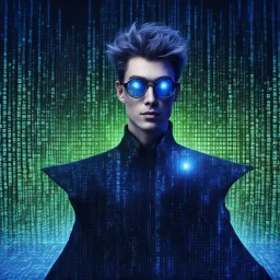 Cyber wizard using glasses with blue matrix backgroud