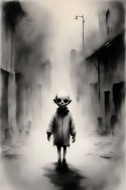 The cute nightmare kid with shapeless head walks in the streets, illustration by Stephen Gammell