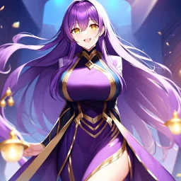 girl, masterpiece, best quality, volumetric lighting, detailed outfit, perfect eyes, long hair, purple hair, golden eyes, laughing,