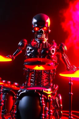 4k realistic terminator surrounded by flames playing hardrock drums