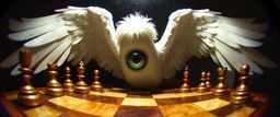 fish eye lense, pin hole cam, master oil painting by Rembrandt, realistic rendering one eyed chess blinding white angel a sense of depth