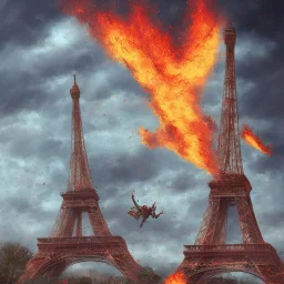 fantassin zombie lance flammes, armée française, bonbonnes napalm dans le dos, yeux rouges, Tour Eiffel en fond. Tour Eiffel endommagée. Fait le v victoire avec la main gauche. Uniforme noir sale et déchiré. deux bras. deux jambes, un torse, un visage. 4k. Rue de la ville de paris. Rue en flammes. Réaliste