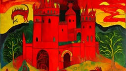 A red fiery vampiric fortress designed in Kuna molas painted by Paul Gauguin