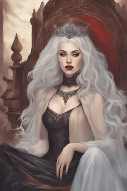 Beautiful white haired Vampire queen on her throne, drawing