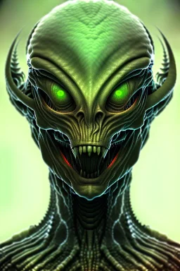 alien, head, evil,green eyes, weapons, blood, 8k, finely detailed, photo realistic, HR Giger style