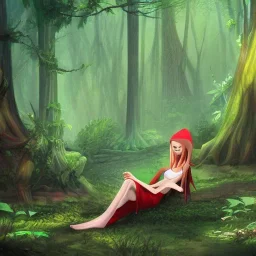 a slender elf woman relaxing in a fantasy forest at sunset