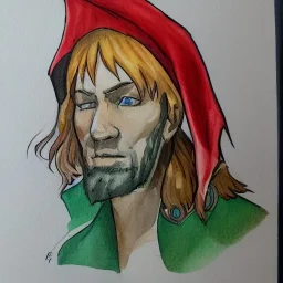 dungeons and dragons, elf, pointy ears, wizard, magician's robe, wizard hat, portrait, face, watercolour, large strokes