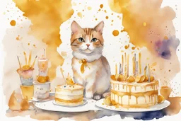 beautiful composition, cat birthday party with cake, watercolor and ink, golden glitters in ochre in sunshine