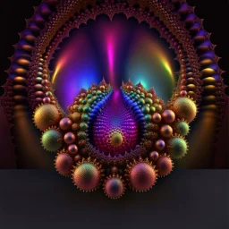 a mandelbulb 3d fractal made of metallic random color shperes, pertty artistc background