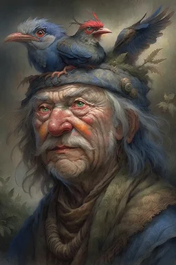 a painting of an old man with a bird on his head, a character portrait by Wendy Froud, cgsociety, fantasy art, storybook illustration, grotesque, detailed painting