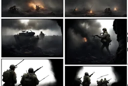 Masterpiece1:5)(Fineart), (award-winning:1.5), highest quality, (ultra realism:1.5) war journalism(,(by Tim Page and Hoorst Faas:1.5))(photorealistic:1.8), (Eastern Ukraine:(panel one:the moment after a battle ends, horrors of war, wounded men),(2nd panel, cinematic shot of men sitting in trench with 1000 yard stare (focus on their eyes:1.5)),(the third panel shows troops tired but hyper alert), (the fourth panel shows the sky is filled with incessant, fire and smoke,)