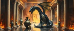master oil painting by Escher and Giger, glaring vases and black humanoid reflective expressive long clunky obese dragon and hidden golden dragon inside marble hall library, cryptic eggs, sacred geometry, fire fog and steam border, fire elemental creature, twisted dimensional portal for ice elemetals only