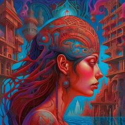 Girl on a mind trip, lost on the Mindway, hindu maze, neo surrealism, by Igor Morski, by Gerald Scarfe, hypersurreal fantastical detailed 3D matte painting, deep color, intricate detail, splash screen, complementary colors, nightmare concept art, trending on DeviantArt